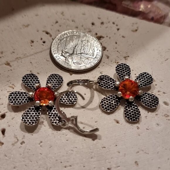 New FP Floral Silver Earrings with Orange Accents - Picture 4 of 6
